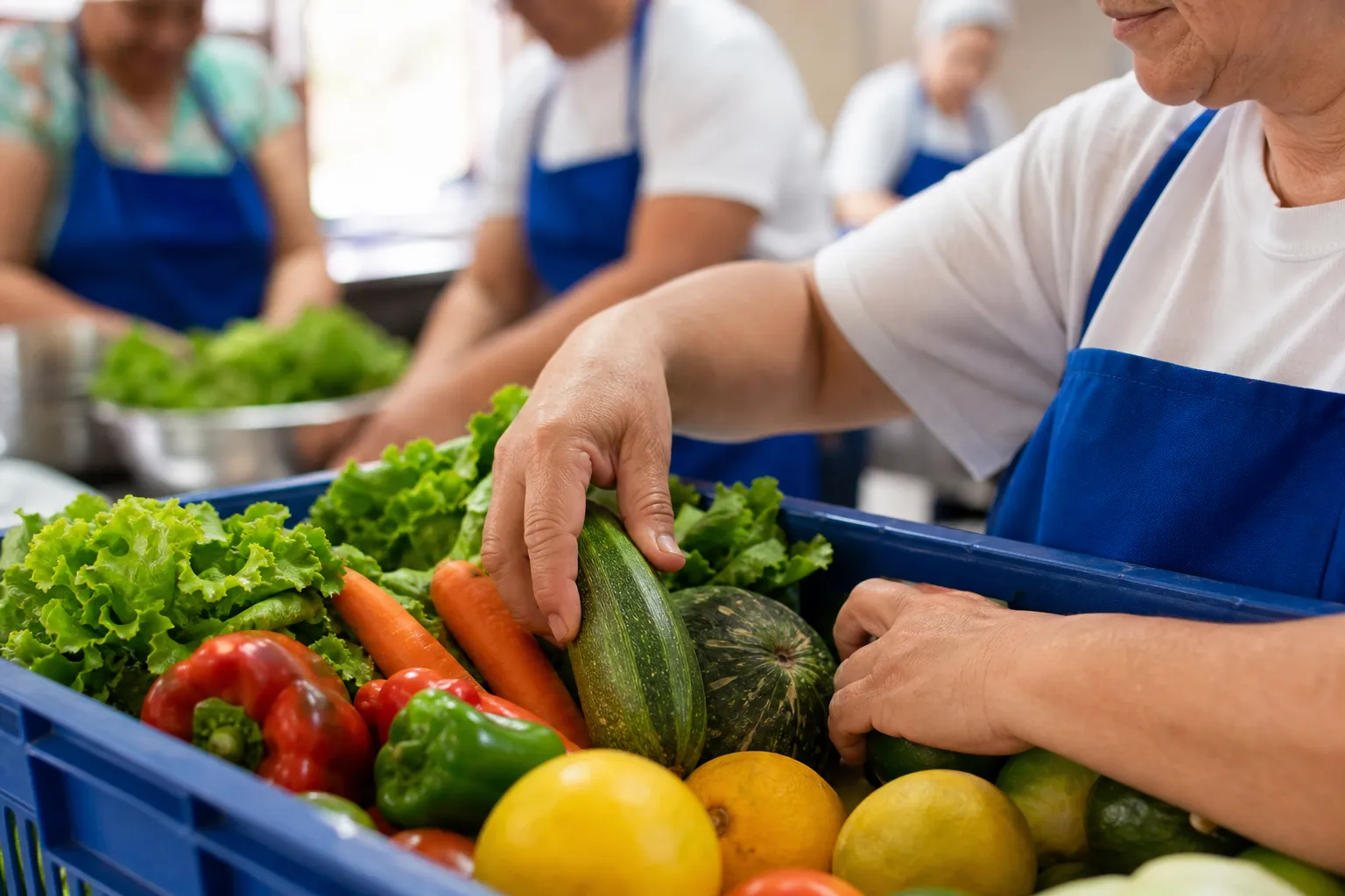 Ilustração simbólica de cestas com alimentos e voluntários distribuindo mantimentos à comunidade